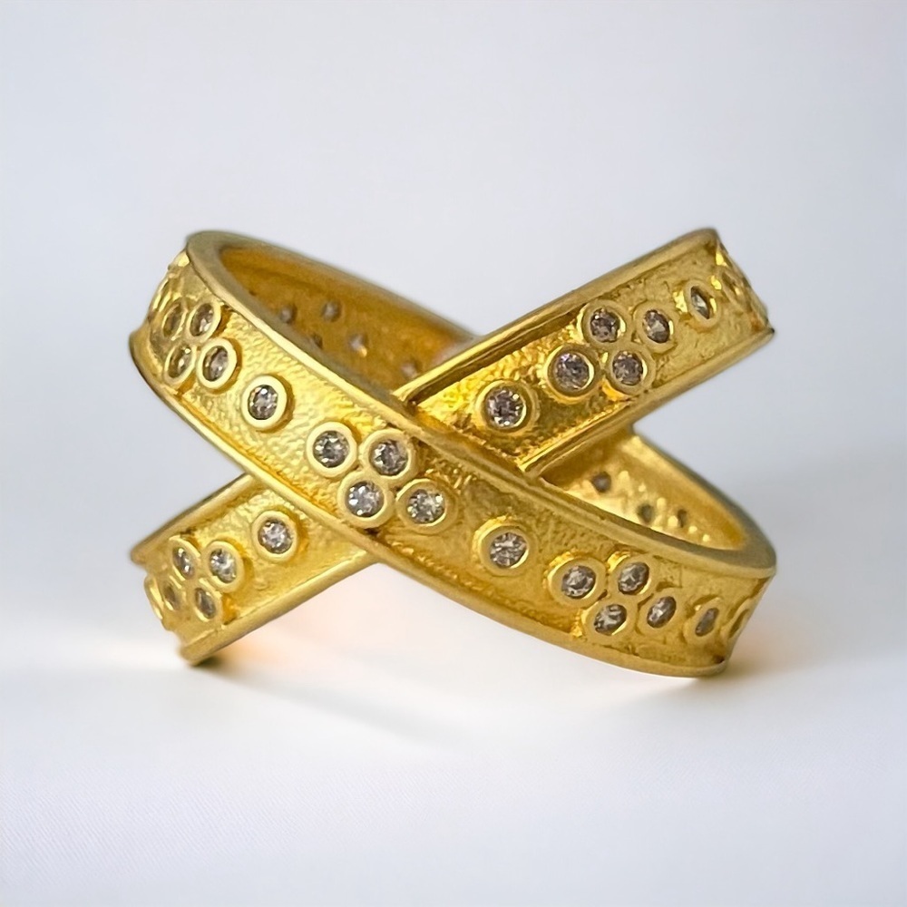 FREIDA ROTHMAN Criss cross Overlapping Ring Gold Sterling Silver Rhinestone 7
